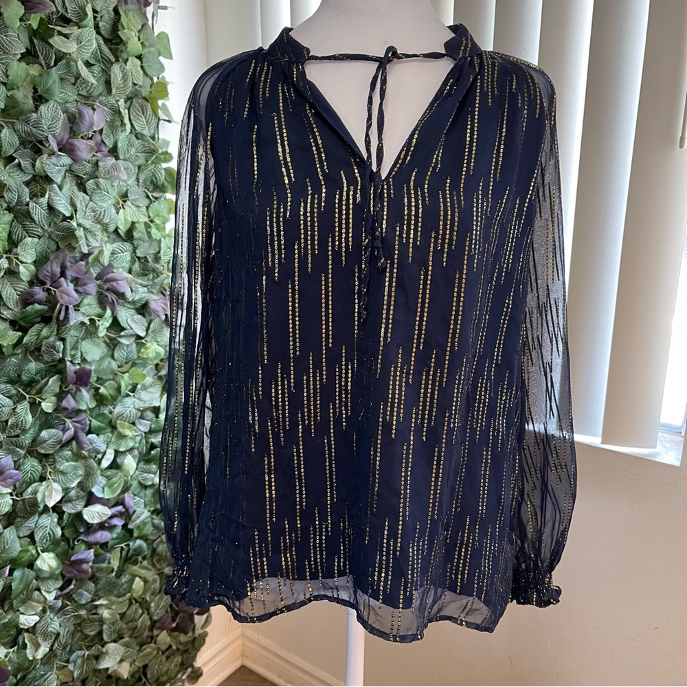 Crown & Ivy- Women's Long Sleeve Foil Peasant Navy lined metallic chiffon Top S